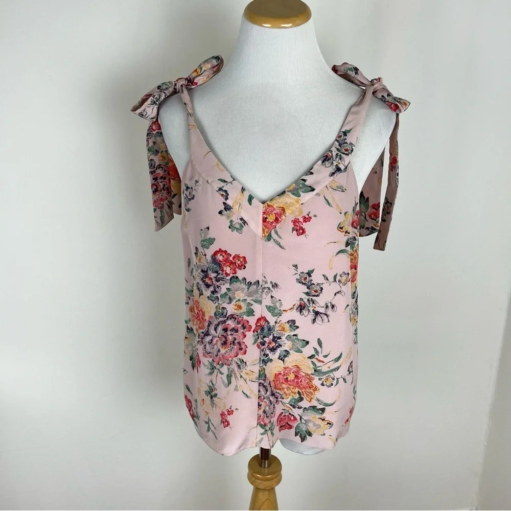 Rebecca Taylor Floral 100% Silk Tie Strap Tank Top Pink Size S